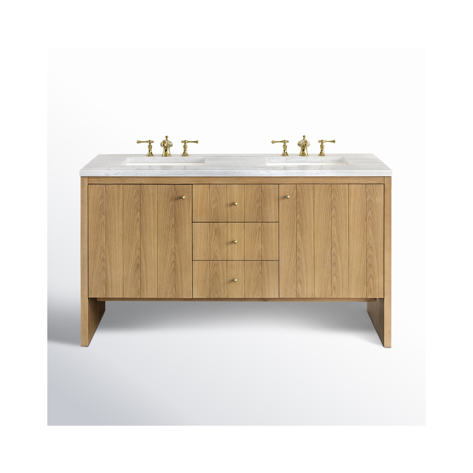 Hudson 60'' Double Bathroom Vanity, Arctic Fall Solid Surface, 8" Widespread, Light Natural Oak