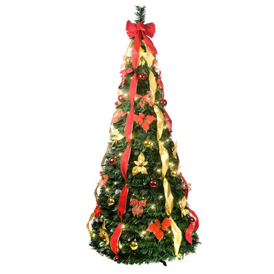 Arbre de Noël pliable pré-décoré de 7,5 pi avec 200 lumières blanches chaudes, ornements rouges et dorés, 80 accessoires de fête, option d'économie d'espace pour les petits espaces de vie dans les maisons