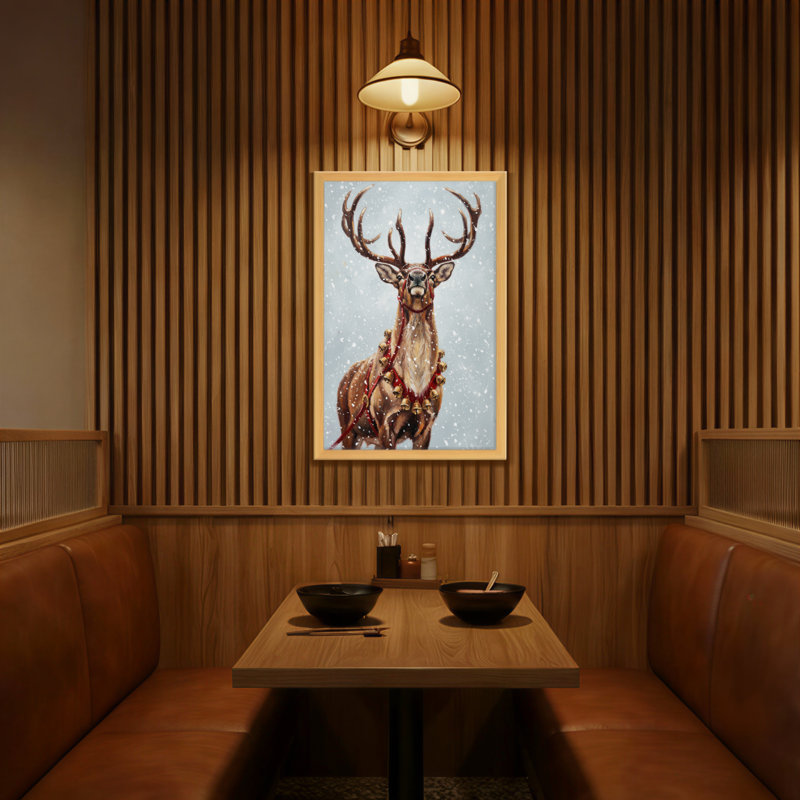 Animaux, cerf enneigé avec clochettes et bois