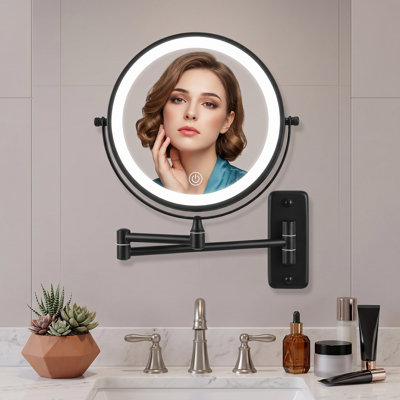 Black 8-Inch Rechargeable Wall-Mounted Lighted Makeup Mirror, Double-Sided with 1X and 10X Magnification, 3 Color Lights Touch Dimmable, Foldable Extended Arm with 360 Rotation