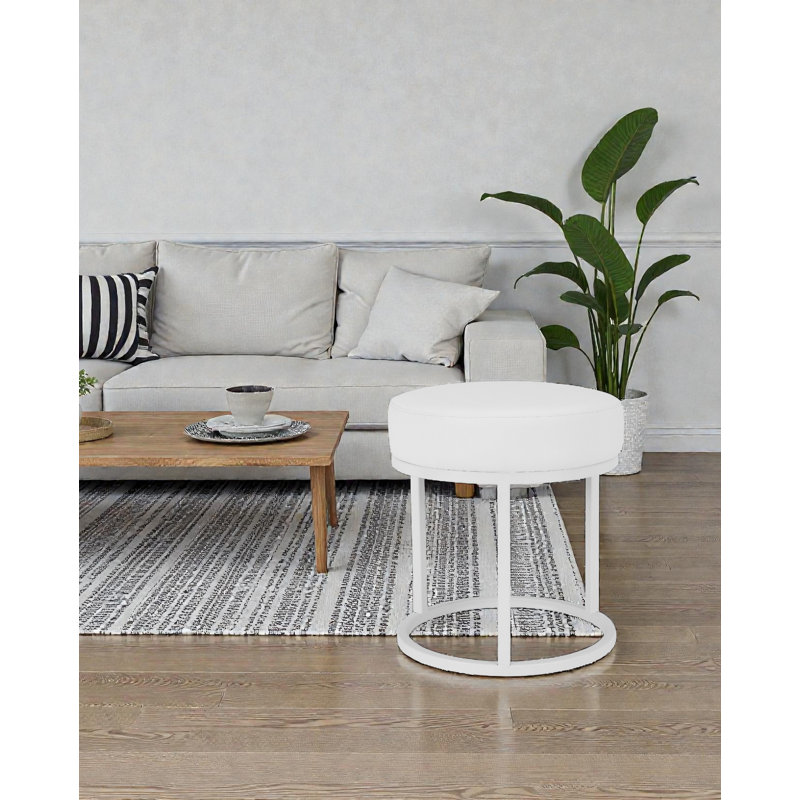 Pangea Home Stan Steel Vanity Stool Ottoman – Modern Upholstered Accent Ottoman for Living Room, Bedroom, or Lounge Seating - Faux Leather, Vegan Leather Stool - White Stool