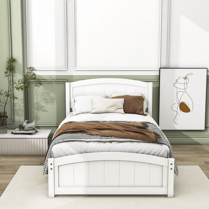 Twin Size Wood Platform Bed with Headboard, White