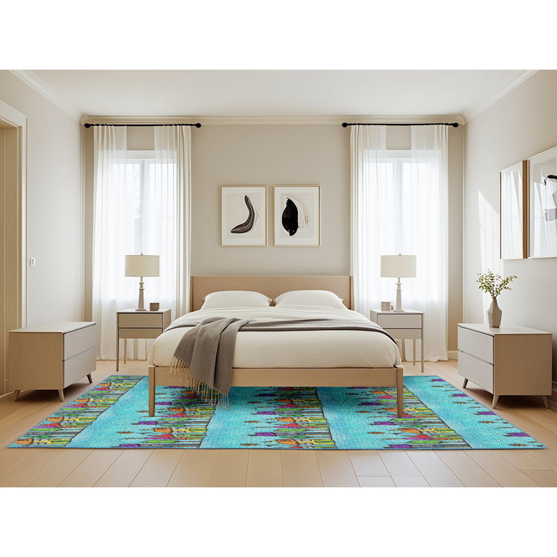 Tapis bleu/vert à motifs, Rectangle 5 pi x 8 pi