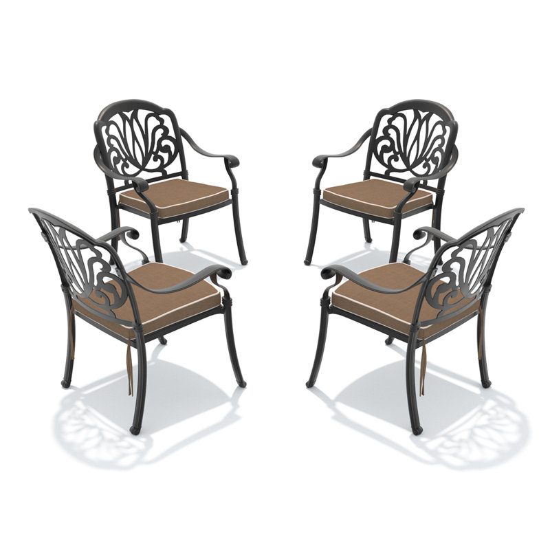 Chaise de patio en fonte d'aluminium 4 pièces avec structure noire et coussins bruns