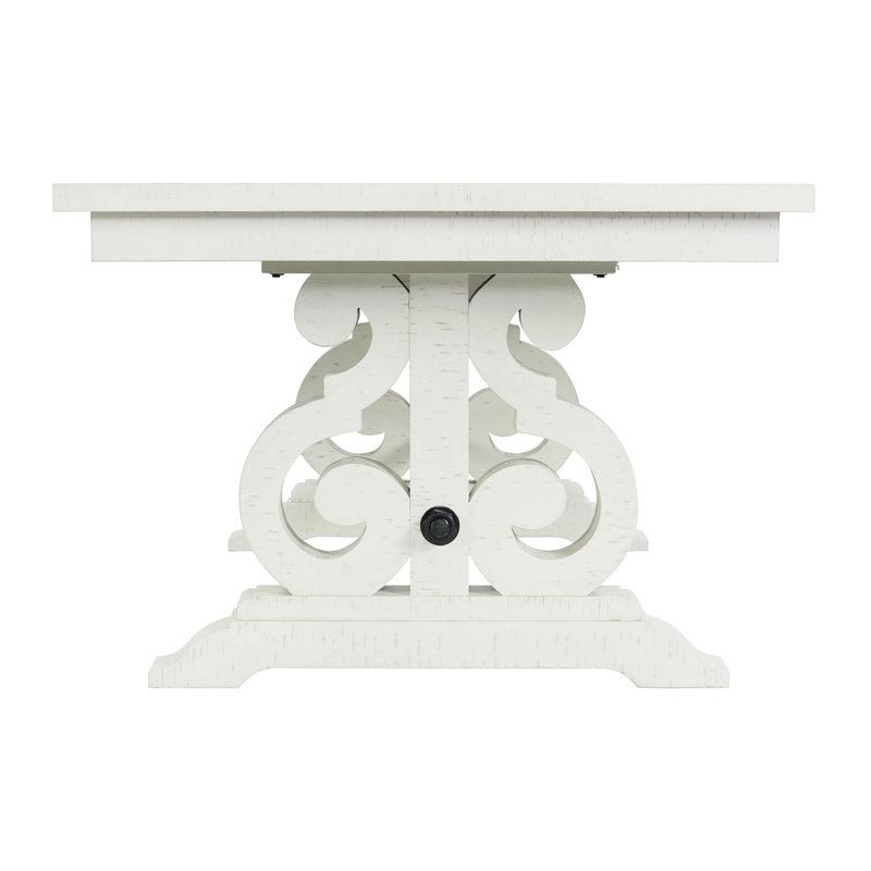 White Distressed Wood Extendable Dining Table with Scroll Trestle