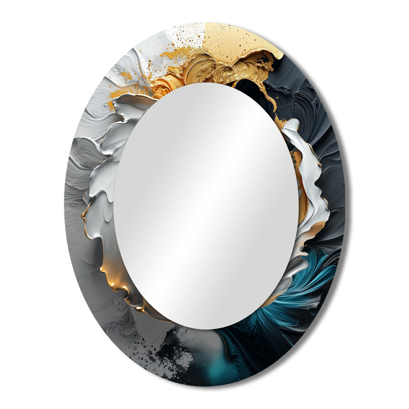 Black And Gold Moon Lines III - Large Oval Wall Mirror On Metal, 43" x 33"