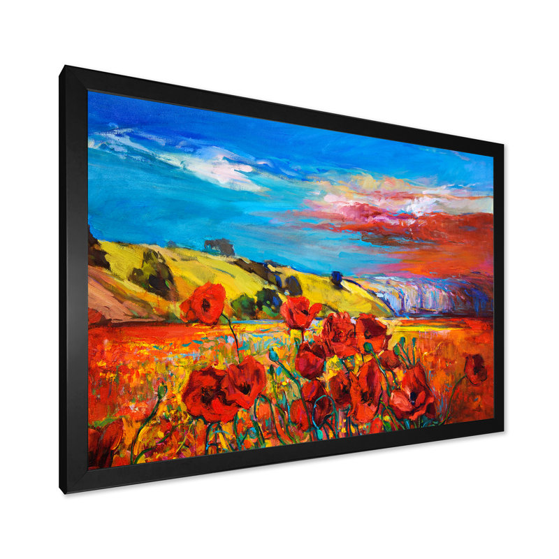 «Blossom Red Poppy Fieldsunder a Blue Sky», peinture sur toile, H 30 po x l 40 po x 1,5 po, Cadre photo noir