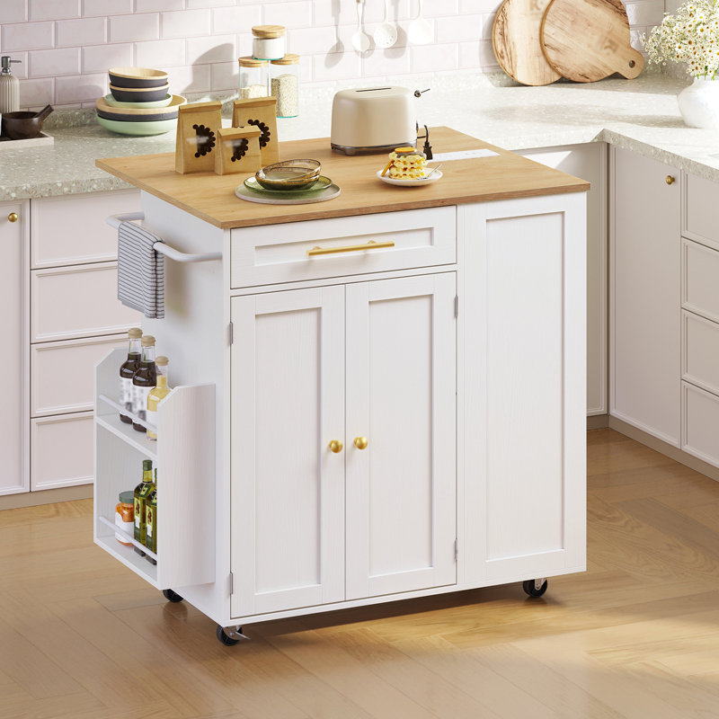 Kitchen Island With Power Outlets, Kitchen Island Cart with Drop Leaf, 3 Open Adjustable Shelf & Drawer, Towel Rack, White
