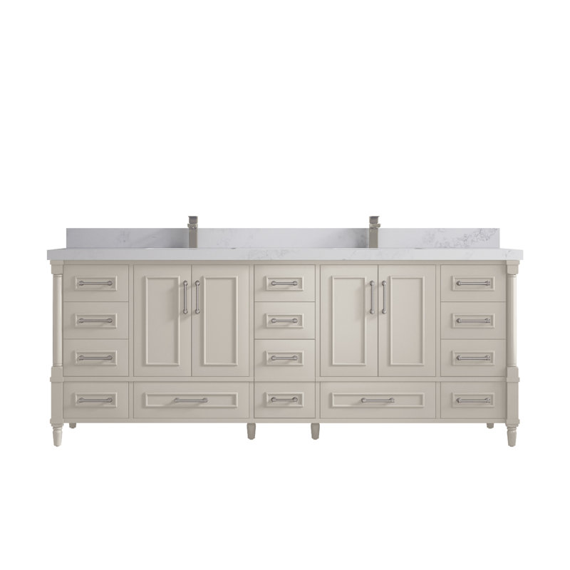 Aberdeen 84'' Double Bathroom Vanity with Quartz Top, Calacatta Nuvo, Fine Grain