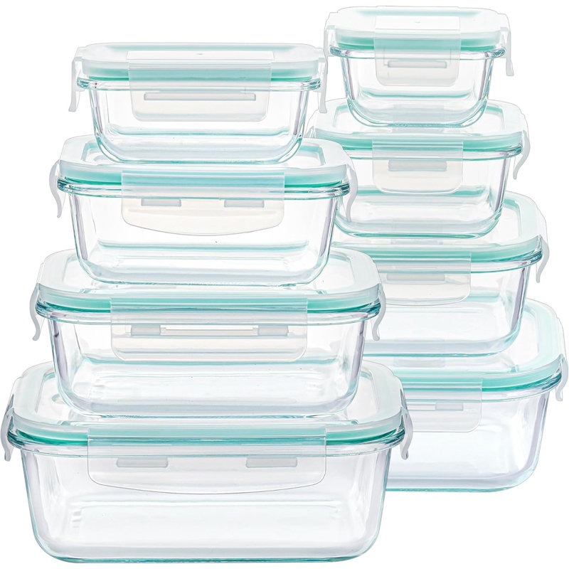 Ensemble de 8 contenants alimentaires en verre hermétiques, contenants de préparation de repas en verre borosilicaté sans BPA, couvercles empilables et étanches pour four à micro-ondes, four, congélateur et lave-vaisselle
