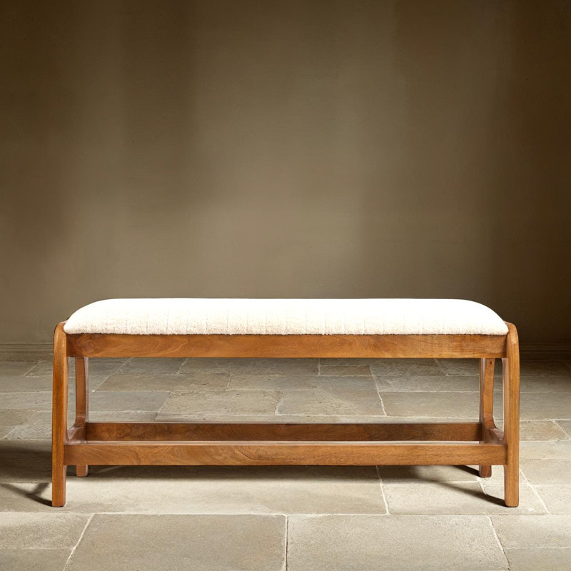Brady Mango Wood Arch Bench, White Fabric