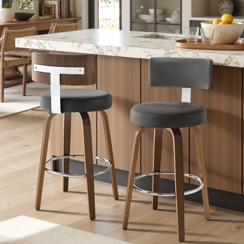 2PCS Swivel Bar Stools, Faux Leather Kitchen Stools Upholstered Barstools With Back, Grey