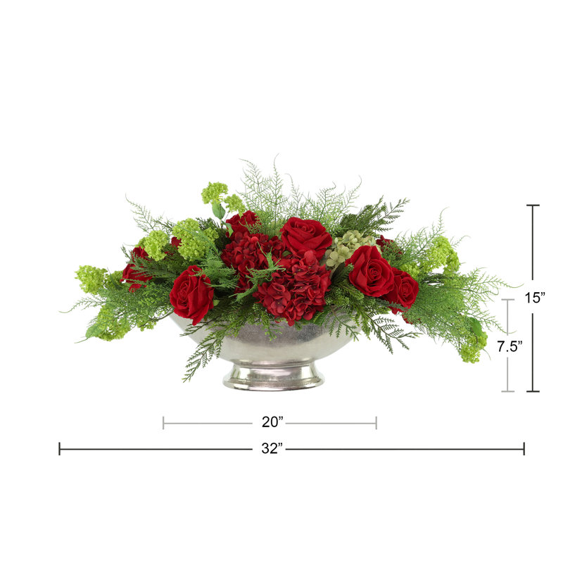 Holiday Centerpiece with Roses and Hydrangeas