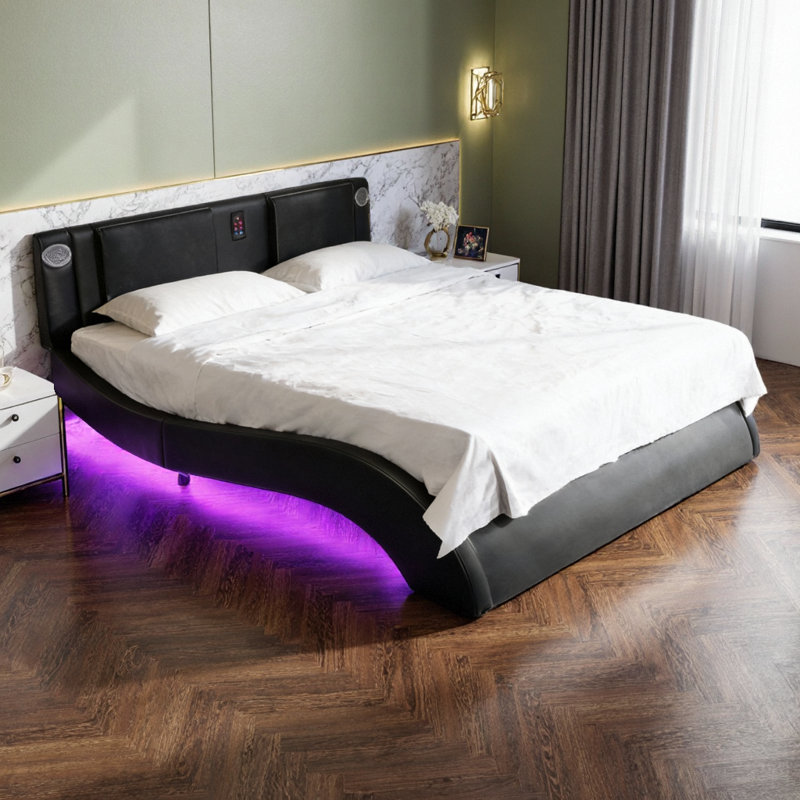 VARELON Modern Queen Platform Bed Frame with LED Headboard Lights, Bluetooth Speakers, Built-In Massage & USB Charging Ports
