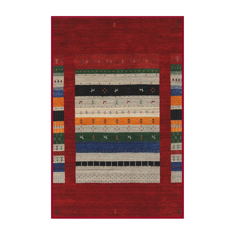 Tapis de zone rouge/orange/vert contemporaine, Rectangle 5 pi 0 po x 8 pi 0 po