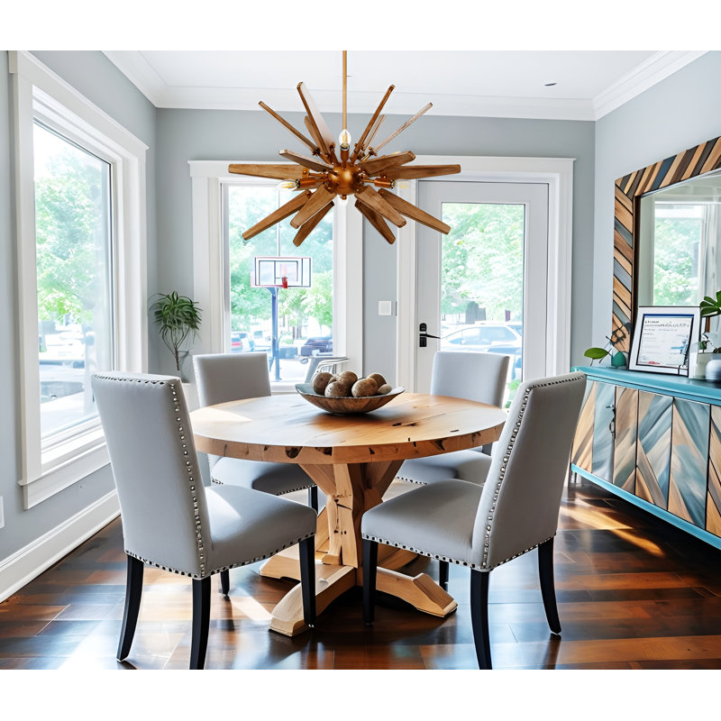 Kachelle 6 - Light Natural Wood Sputnik Sphere Chandelier, Bronze