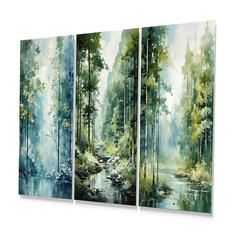 Tranquil Shadows Green Forest - Forest Metal Prints Set Of 3, 28" H x 36" W