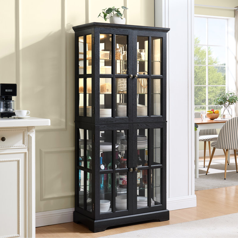 Dark Oak, Four - Door Glass Curio, Adjustable Shelves, Metal Handles, Integrated Lighting, Camera Display Antique Oak Curio Cabinet With Double Opening Doors, And Lighting For Interior Showcase