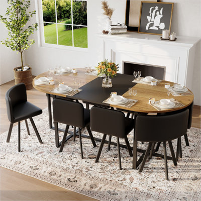 Oval 8-Person Dining Table Set with Two-Tone Wood Grain Tabletop and Deep Black PU Chairs, Modern Kitchen Seating