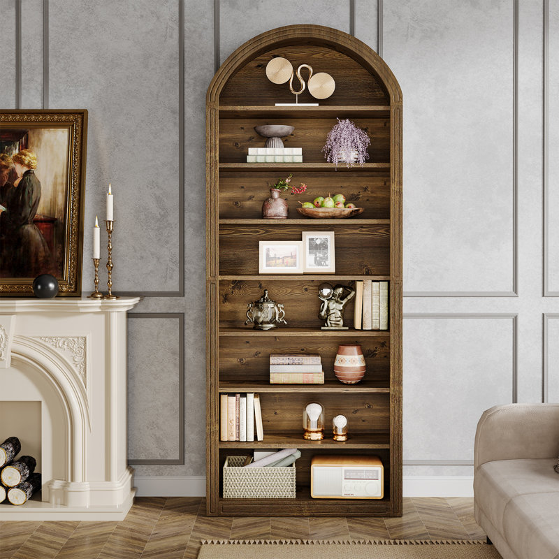 79.5" Tall Arched Bookshelf, Brown