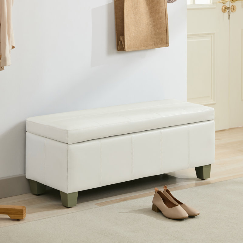 41" Wide Faux Leather Upholstered Storage Bench, White, 15.5" H x 41" W x 16.3" D