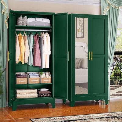 Metal Wardrobe Cabinet with Mirror and Hanging Rod, 71" Metal Clothing Storage Cabinets with 2 Doors and Adjustable Shelves, Black Armoire Wardrobe Closet for Bedroom, Laundry Room, Cloak Room