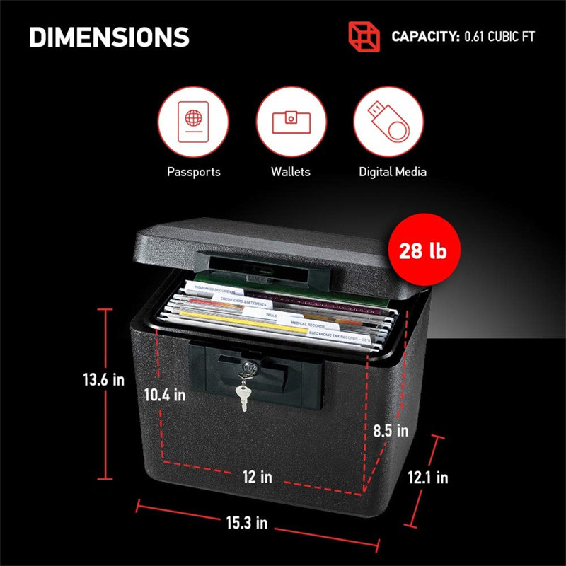 Fireproof Document Box With Key Lock, Safe Secures Files And Documents For Home Or Office