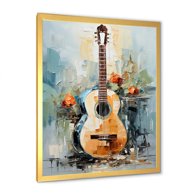 «Yellow Fluid Brown», mélodie de guitare - musique, art mural, Encadrement doré, H 32 po x l 16 po x P 1 po