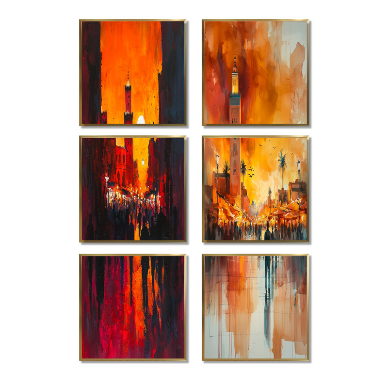 Orange orange, marché nocturne de Marrakech, ensemble d'art mural sur toile marocain, 6 pièces, Doré