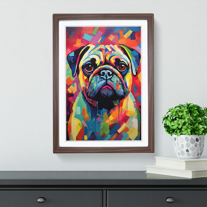 Pug Modern - Single Picture Frame Print on Wood, Walnut Framed, 46cm H x 34cm W x 2cm D