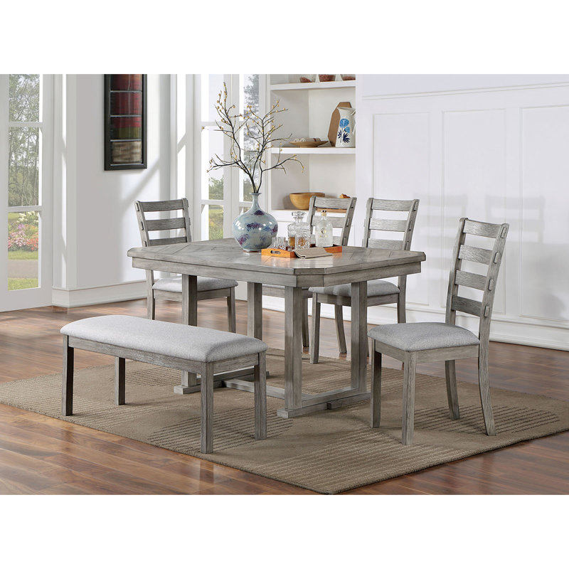 Table de salle à manger rectangulaire avec finition grise, attrait rustique, grain de bois diamant, brossé au métal, base à tréteaux, table à 6 places, brossé au métal