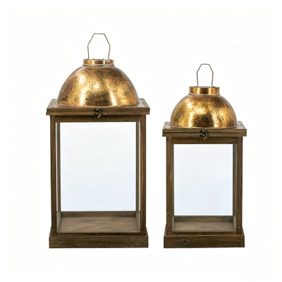Brown Wood Lanterns Decorative Indoor Outdoor Set of 2, 28.5"H & 23"H Hurricane Candle Holders with Gold Metal Dome Accents, Clear Glass Panels, Rustic Glam Patio & Living Room Decor