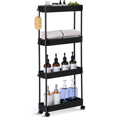 Chariot de rangement mince avec 4 tablettes, chariot mobile sur roulettes pour les espaces étroits, organisateur peu encombrant avec crochets pour salle de bain