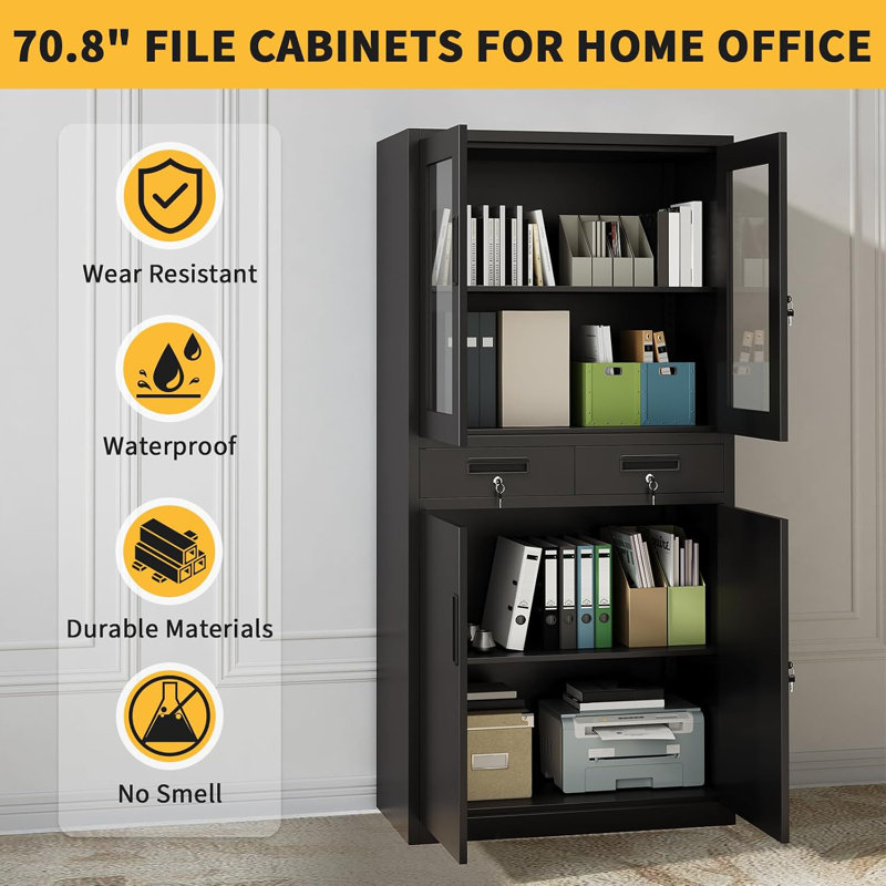 Armoire de rangement en métal noir de 180 cm (71 po) avec portes vitrées verrouillables et tablettes de bureau