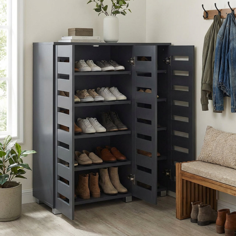 Euston 15 Pair 3 Door Shoe Storage Cabinet Modern, Dark Grey