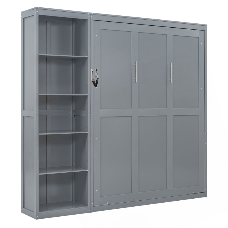 Queen Size Murphy Bed with Built-in Shelves, Foldable Wall Bed for Guest Room Bedroom, Gray