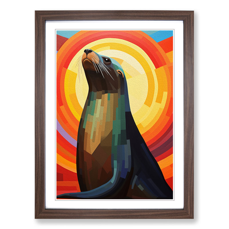 Sea Lion Constructivism No.3 - Single Picture Frame Print on Wood, 46cm H x 34cm W x 2cm D, Walnut