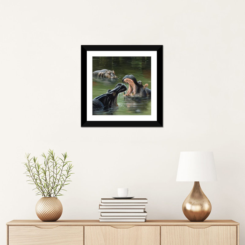 «Hippos in Water», impression sur toile, H 16 po x l 16 po x P 1 po, Papier d'art encadré noir, Blanc