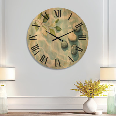 Horloge Boho - Pierres et feuilles sur l'eau, imprimée sur bois