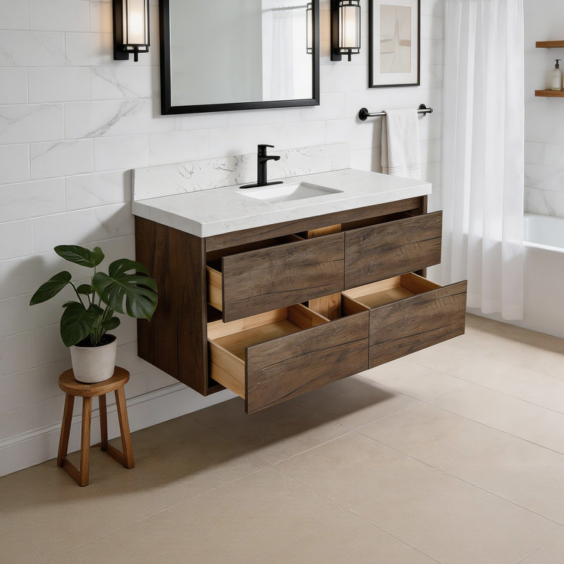 Ensemble de meuble-lavabo mural simple 48 po avec plateau en pierre, Chêne, 48"