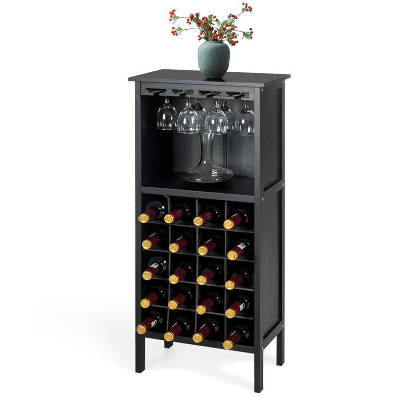Westfield 20 Bottle Solid Wood Floor Wine Bottle & Glass Rack, Black