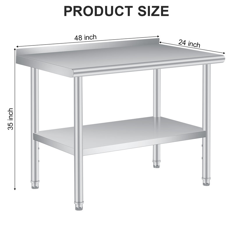 Table de préparation de cuisine en acier inoxydable - Table de travail commerciale robuste avec dosseret de 48 po x 24 po, tablette réglable, restaurant, maison, service alimentaire - Dimensions: 48 po x 24 po