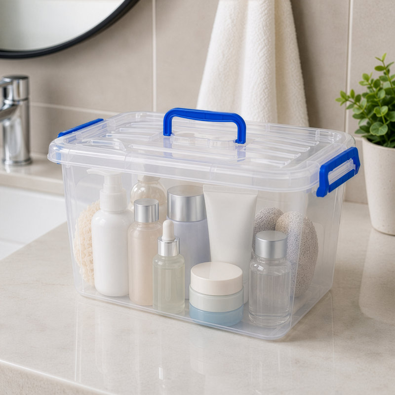 Bacs de rangement Basic Basic avec couvercles et poignées - grands contenants en plastique empilables, ensemble de 3 - bacs de rangement durables pour la maison, le bureau, le placard, le garde-manger, le déménagement, le véhicule récréatif, le congélateur - transparent