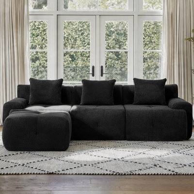  Canapé modulaire de 104 po avec repose-pieds Cloud, canapé en forme de L, canapé modulaire moderne, tissu quadrillé ananas avec rembourrage en mousse et à ressorts pour le salon, aucun assemblage requis (noir)