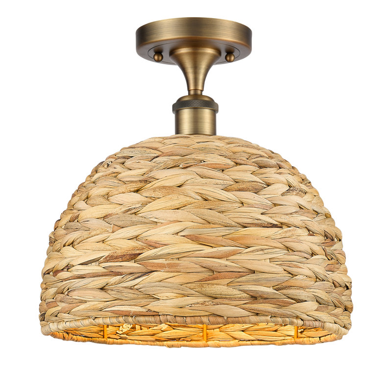 Ariol Rattan Semi Flush Mount, 12.25" H x 12" W x 12" D, Brushed Brass