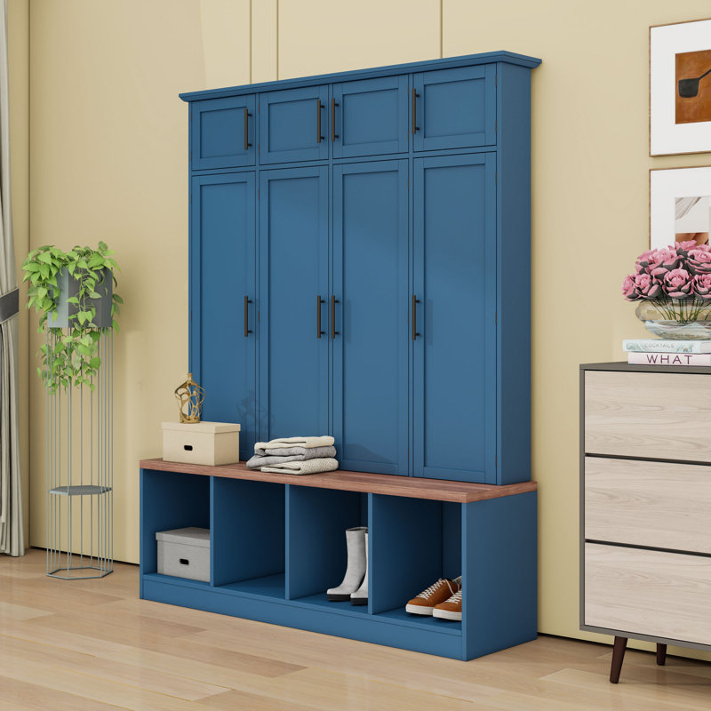 Classic 4-in-1 Entryway Hall Tree with Seating Bench, Shoe Storage, Hanging Hooks and Cabinets, Blue