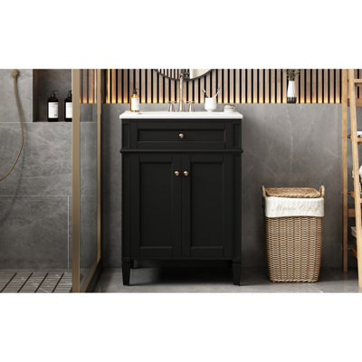 Meuble-lavabo 24 po avec 2 portes, tiroir escamotable et accessoire d'évier moderne, construction solide, lavabo de rangement réglable, petit tiroir essentiel, tiroirs à fermeture en douceur, finition lavabo brillante