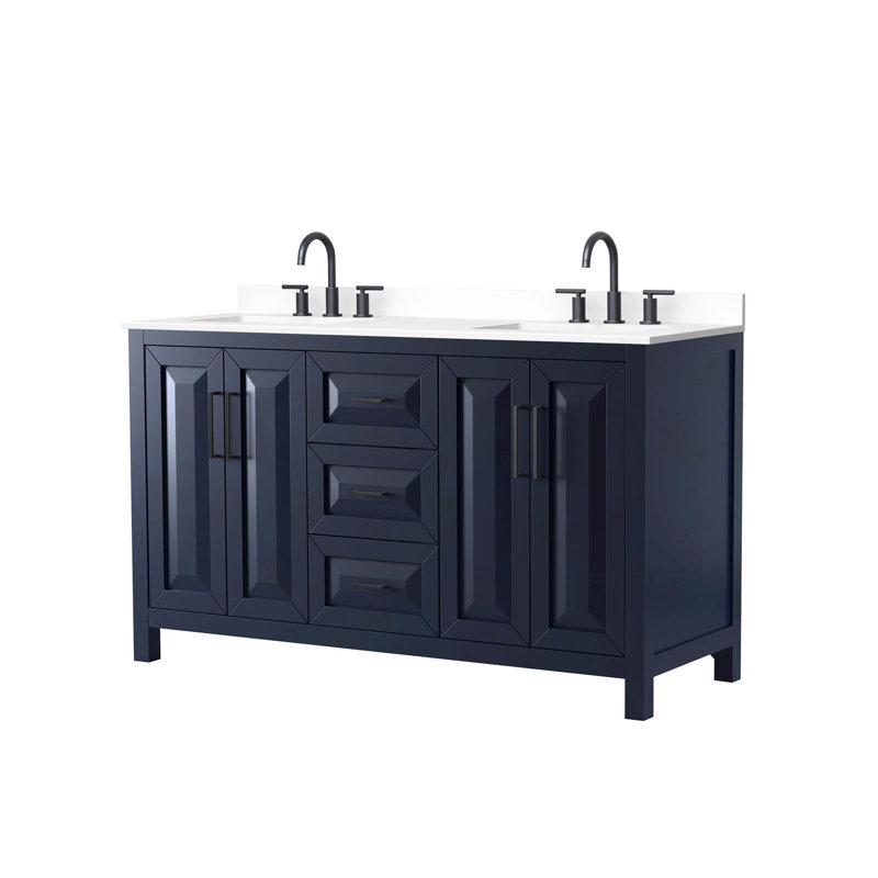 Meuble-lavabo double 60 po Daria bleu foncé, comptoir en marbre de culture blanc, lavabos carrés encastrés (3 trous), garniture noir mat