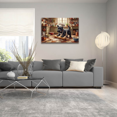  «Scottish Terrier In The Kitchen» par Rich Monet, art mural en verre acrylique, 36 po x 24 po