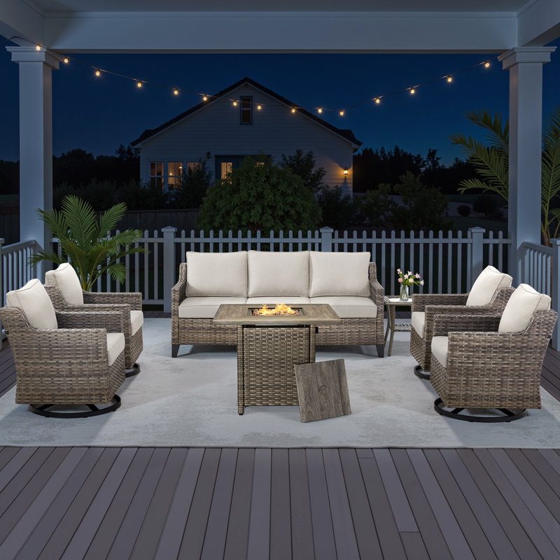 Ensemble de mobilier de patio avec table de foyer, ensemble de conversation extérieur 9 pièces toutes saisons avec chaises berçantes pivotantes, canapé moderne pour la cour arrière, terrasse